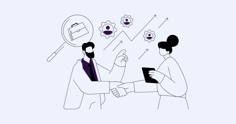 Ilustração de duas pessoas se cumprimentando com aperto de mão ao lado de gráfico ascendente, lupa sobre maleta e engrenagens