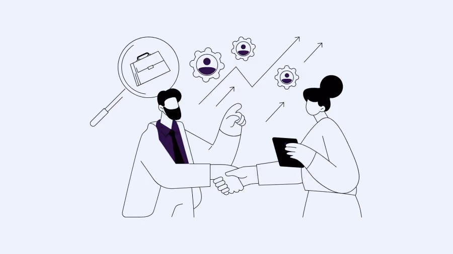 Ilustração de duas pessoas se cumprimentando com aperto de mão ao lado de gráfico ascendente, lupa sobre maleta e engrenagens