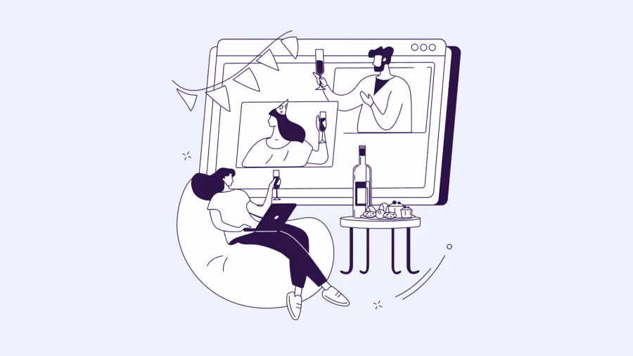 Ilustração de mulher brindando com taça diante de monitor com videochamada de colegas, ao lado de mesa com garrafa e petiscos