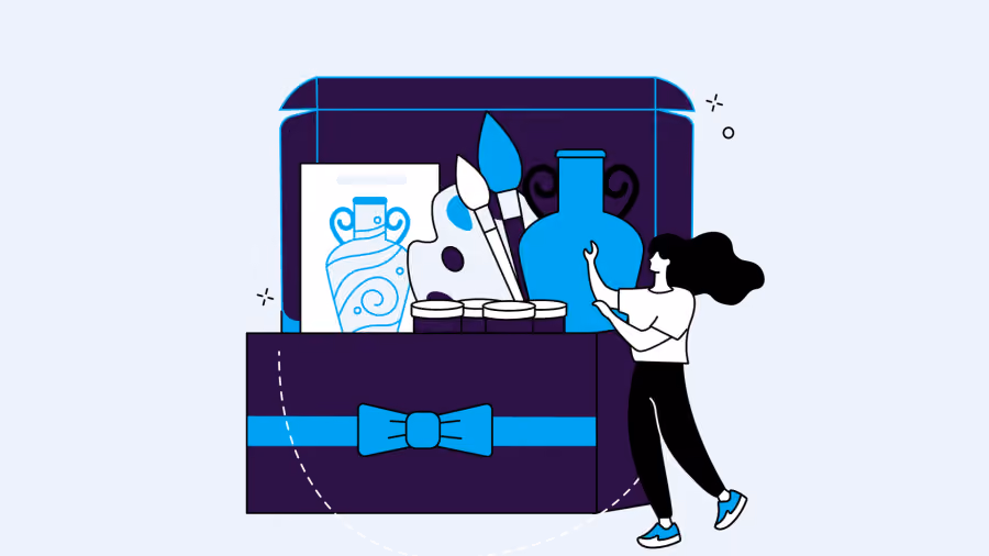 Ilustração de mulher colocando um vaso azul dentro de uma caixa de presente gigante com laço, cheia de quadro, pincel e tênis
