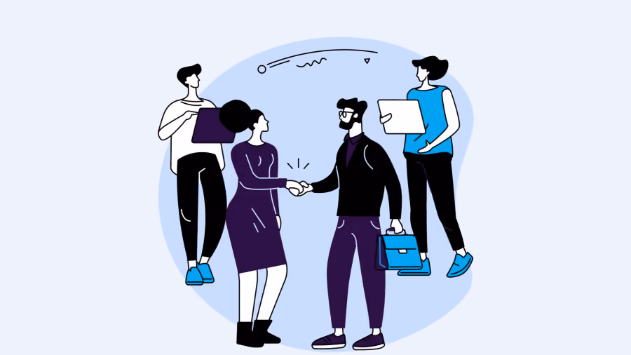 Ilustração de quatro pessoas em pé, duas apertando as mãos ao centro, enquanto as outras seguram notebook e documentos