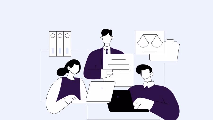 Ilustração de três pessoas analisando documentos e notebook, com pastas em prateleira e quadro com uma balança ao fundo