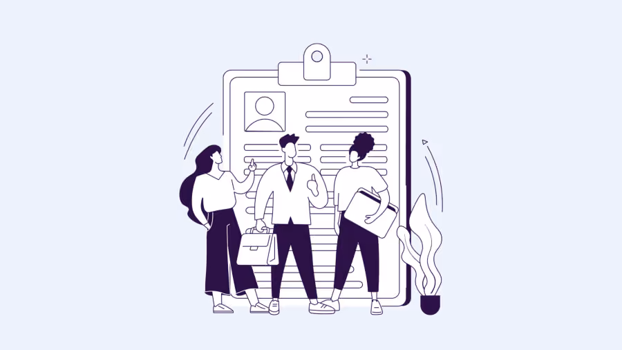 Ilustração de três pessoas conversando diante de uma prancheta gigante com foto de perfil e linhas de formulário preenchidas