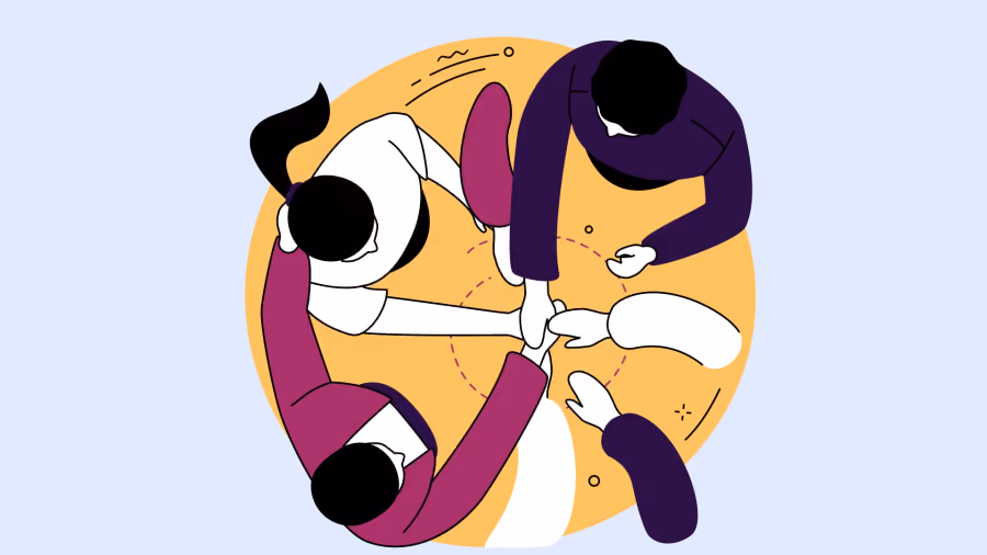 Ilustração vista de cima de quatro pessoas ao redor de uma mesa unindo as mãos ao centro, sobre um círculo laranja