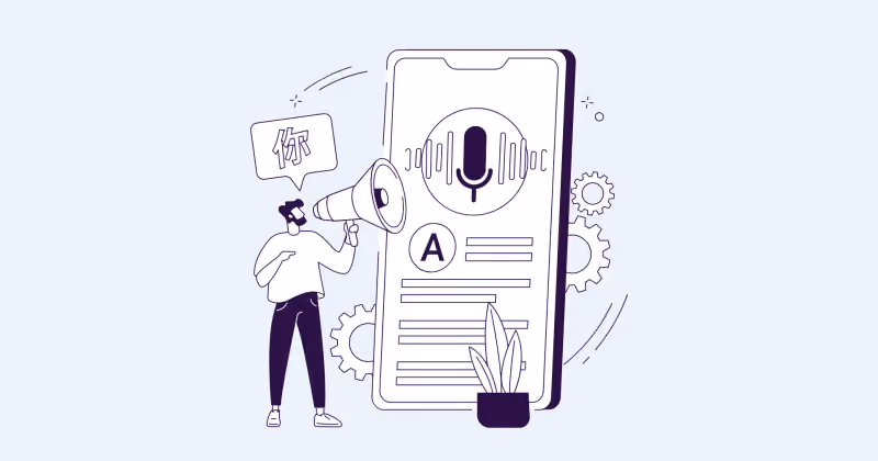 Ilustração de pessoa com megafone diante de um celular gigante que exibe ícone de microfone e linhas de texto, entre engrenagens