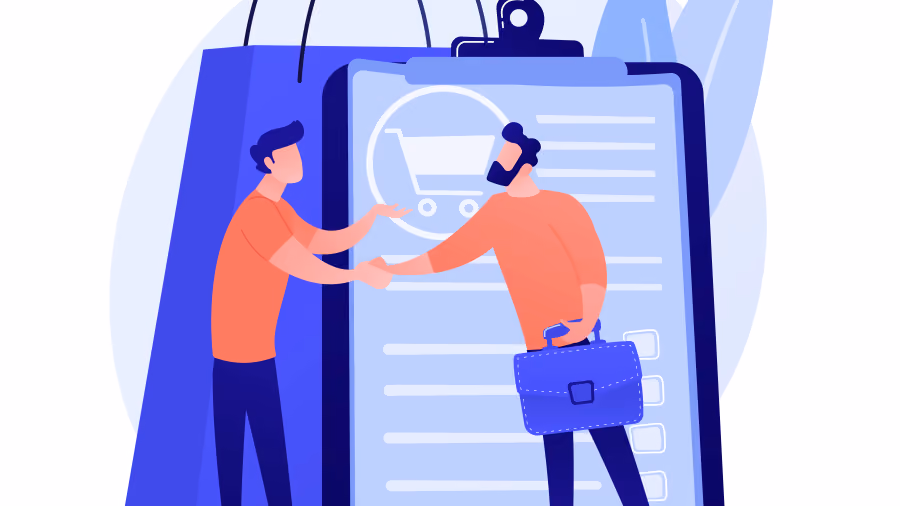 Ilustração de dois homens se cumprimentando diante de prancheta gigante com ícone de carrinho de compras e sacola ao fundo