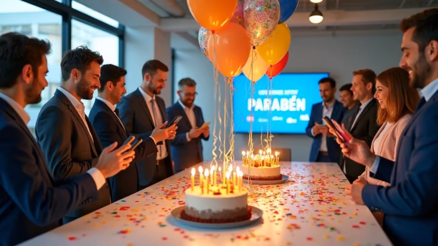 Foto de profissionais de terno ao redor de mesa com bolo de velas acesas, balões coloridos e telão com a palavra parabéns