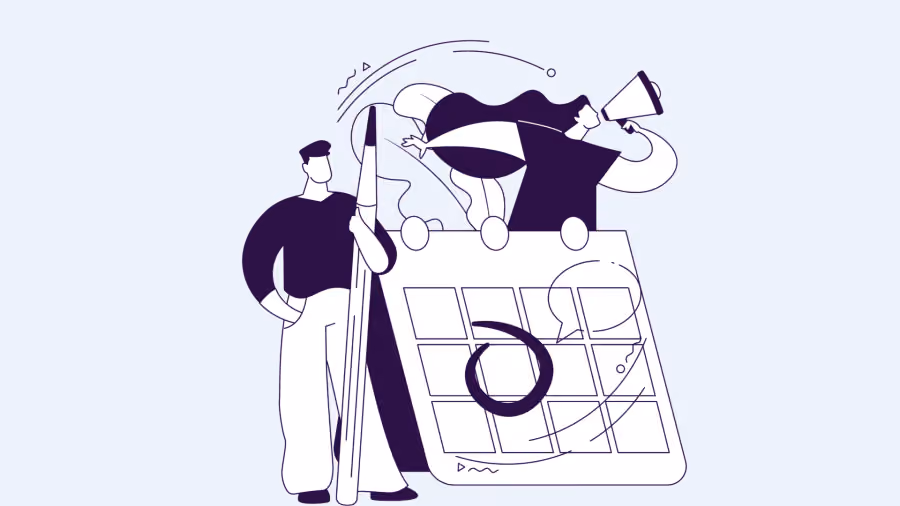 Ilustração roxa de homem com um lápis gigante ao lado de calendário de parede com uma data circulada e alguém soprando corneta