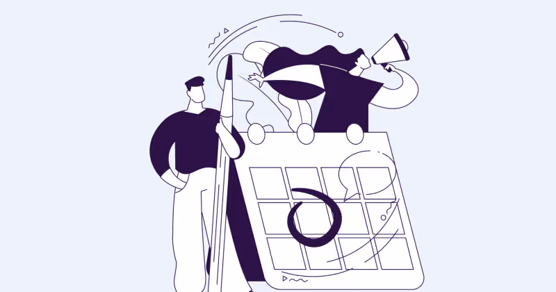 Ilustração roxa de homem com um lápis gigante ao lado de calendário de parede com uma data circulada e alguém soprando corneta