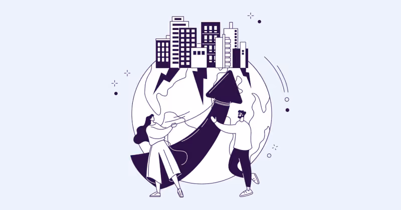 Ilustração roxa de duas pessoas empurrando uma seta grande para cima diante de um globo com prédios de cidade no topo