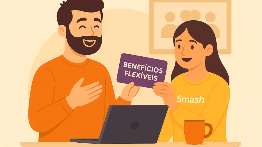 Ilustração de homem barbudo e mulher de camiseta Smash segurando um cartão roxo escrito benefícios flexíveis sobre a mesa