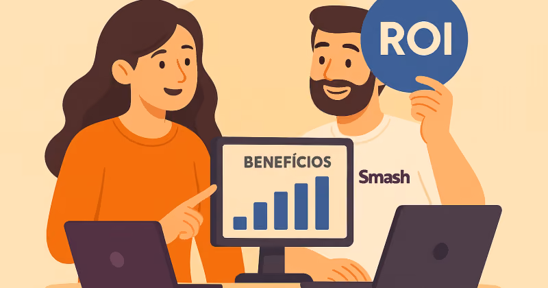 Ilustração de mulher apontando para monitor com gráfico de barras crescente e homem erguendo uma placa redonda com a sigla ROI