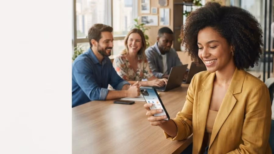 Foto de mulher de blazer amarelo sorrindo ao olhar o celular, com três colegas conversando ao fundo em uma mesa de escritório