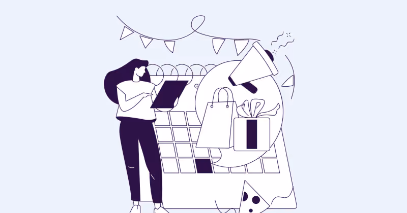 Ilustração roxa de pessoa marcando uma data em calendário de parede enfeitado com bandeirinhas, ao lado de sacola e caixas de presente