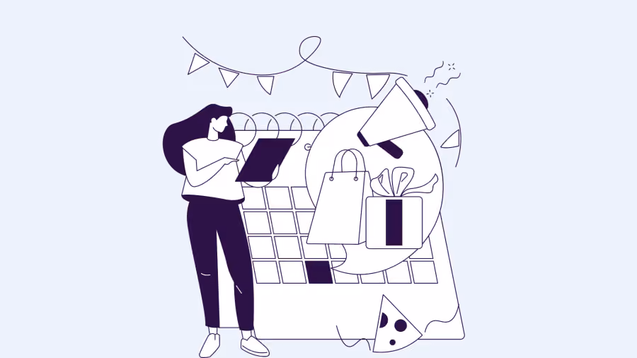 Ilustração roxa de pessoa marcando uma data em calendário de parede enfeitado com bandeirinhas, ao lado de sacola e caixas de presente