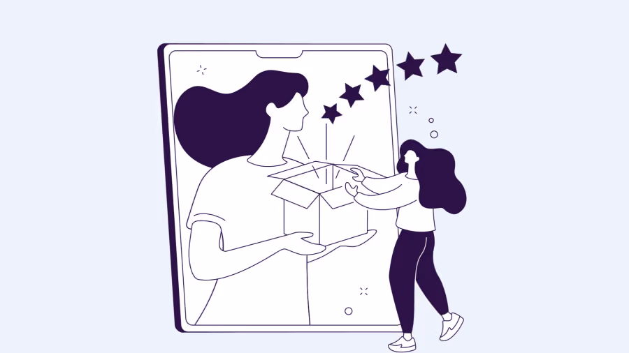 Ilustração roxa de mulher entregando uma caixa de presente aberta a um homem diante de uma tela de celular, com estrelas ao lado