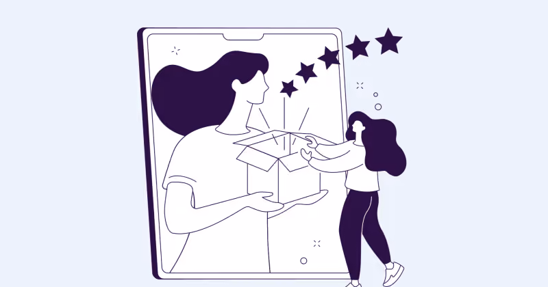 Ilustração roxa de mulher entregando uma caixa de presente aberta a um homem diante de uma tela de celular, com estrelas ao lado