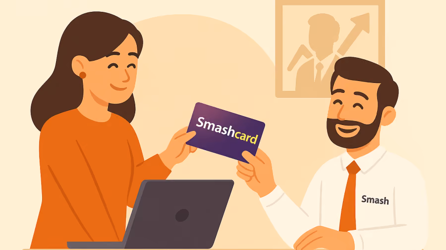 Ilustração de mulher e homem de camisa Smash segurando juntos um cartão roxo escrito Smashcard sobre uma mesa com notebook
