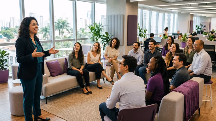 Líder falando com uma equipe grande reunida em semicírculo num escritório amplo