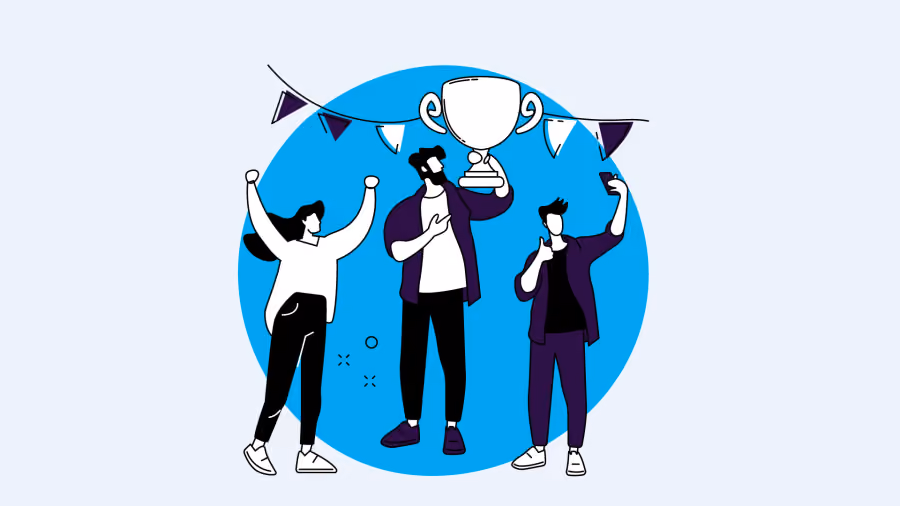 Ilustração de três pessoas comemorando com os braços erguidos, uma delas segurando um troféu, sob bandeirinhas de festa