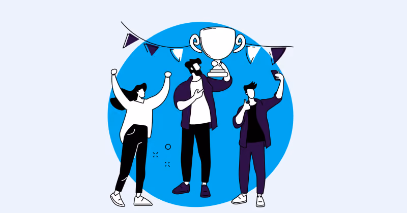Ilustração de três pessoas comemorando com os braços erguidos, uma delas segurando um troféu, sob bandeirinhas de festa