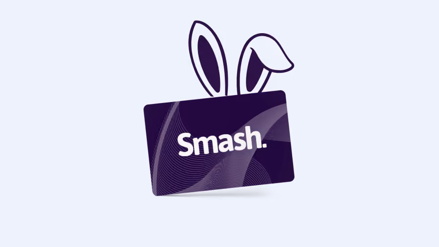 Ilustração de um cartão roxo com a marca Smash e um par de orelhas de coelho aparecendo atrás dele