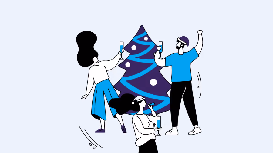 Ilustração de três pessoas brindando com taças de espumante diante de uma árvore de Natal roxa e azul