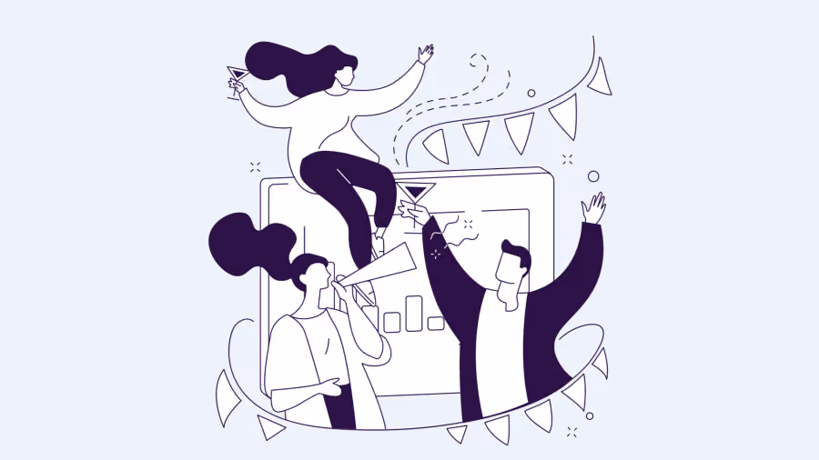 Ilustração em traço roxo de três pessoas em volta de um painel com gráficos, entre bandeirinhas de festa e confete