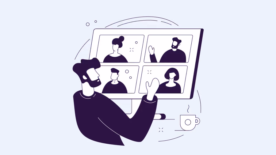 Ilustração em roxo de uma pessoa vista de costas diante de uma videochamada com quatro participantes na tela, ao lado de uma caneca
