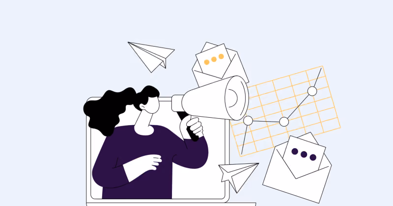 Ilustração de uma pessoa saindo da tela de um computador com um megafone, entre aviões de papel e envelopes