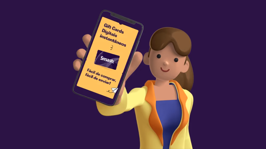 Ilustração de uma mulher segurando um celular com a tela amarela escrita Gift Cards Digitais Instantâneos e o cartão Smash