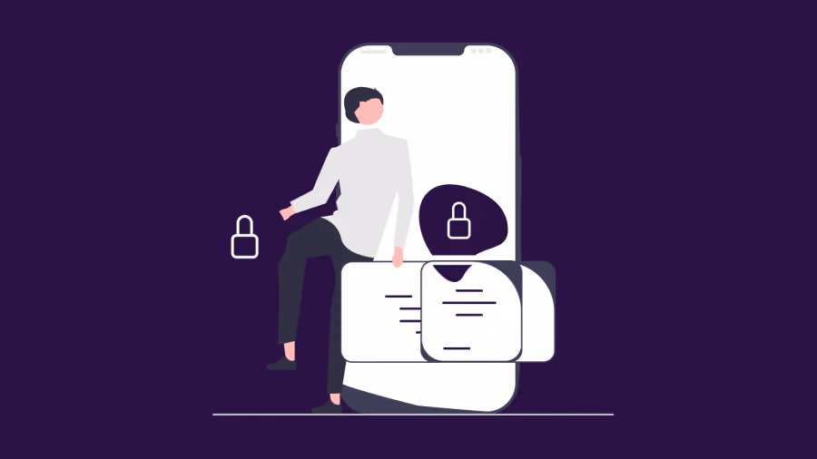 Ilustração de uma pessoa apoiada em um celular gigante, cercada por ícones de cadeado e cartões, sobre fundo roxo escuro