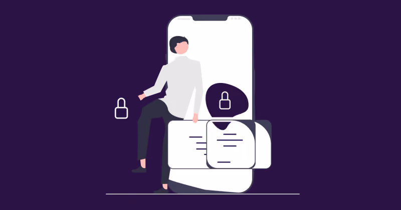 Ilustração de uma pessoa apoiada em um celular gigante, cercada por ícones de cadeado e cartões, sobre fundo roxo escuro