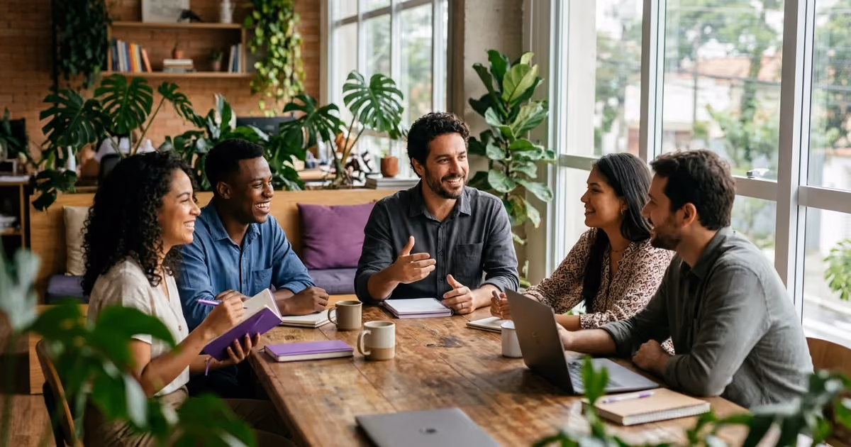 Fundador de uma pequena empresa conversando com a equipe em volta de uma mesa