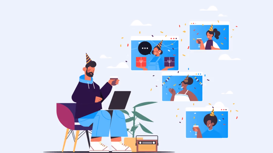Ilustração de um homem com chapéu de festa e notebook brindando com colegas em quatro janelas de videochamada, entre confetes