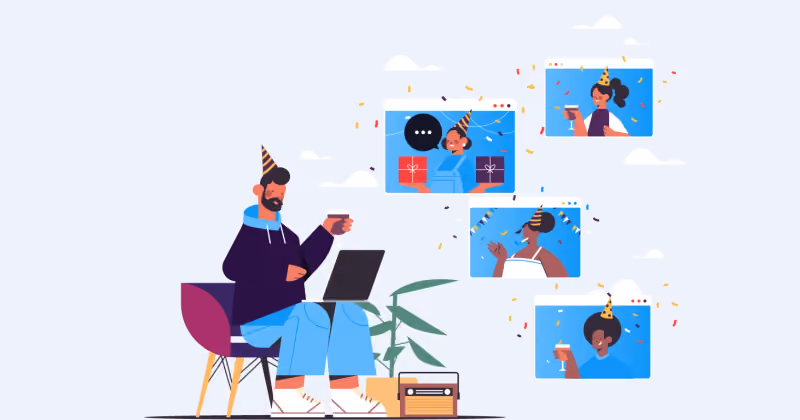 Ilustração de um homem com chapéu de festa e notebook brindando com colegas em quatro janelas de videochamada, entre confetes