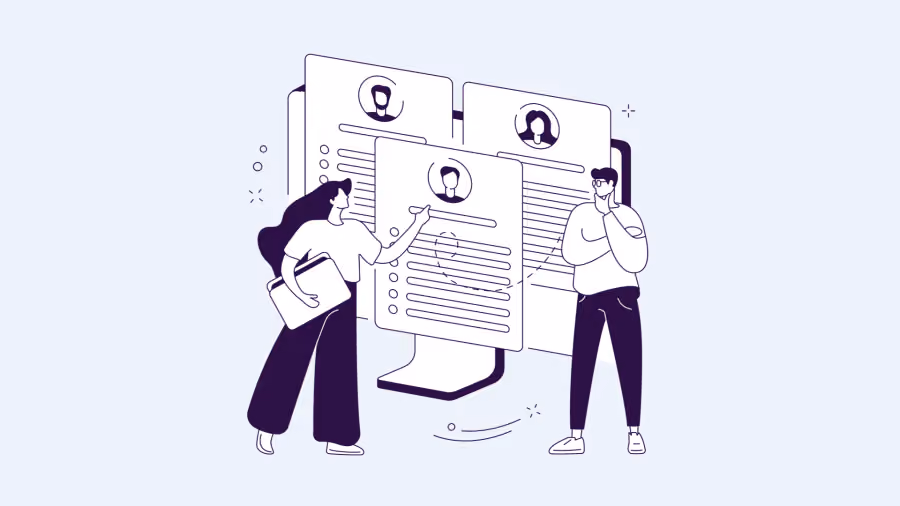 Ilustração em traço roxo de duas pessoas analisando fichas de candidatos em tamanho ampliado, com fotos de perfil no topo