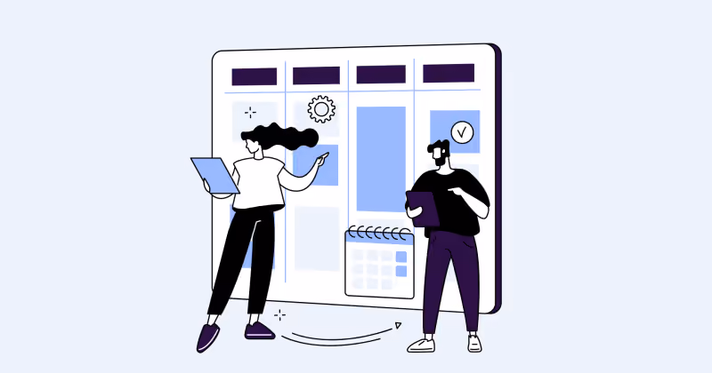 Ilustração de duas pessoas organizando um quadro de colunas com cartões, calendário e engrenagem