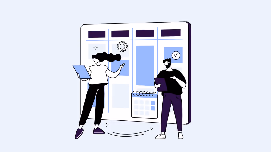 Ilustração de duas pessoas organizando um quadro de colunas com cartões, calendário e engrenagem