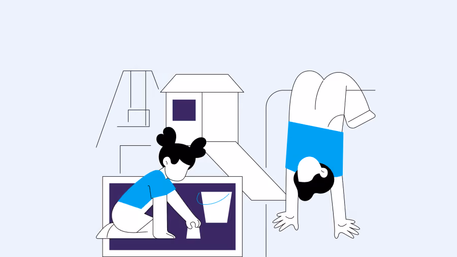 Ilustração de uma menina ajoelhada num tapete roxo e um menino de ponta-cabeça diante de uma casinha de brinquedo