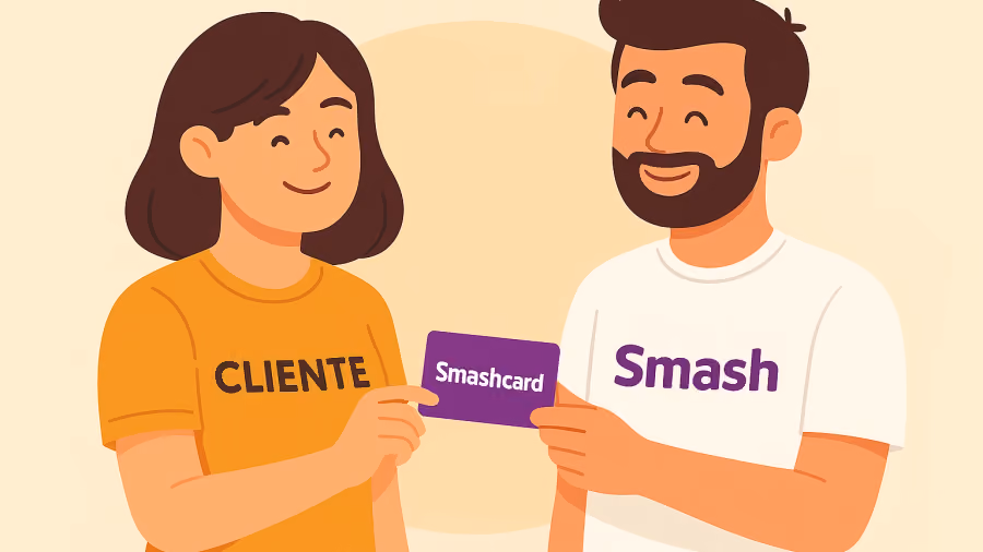 Ilustração de uma mulher de camiseta escrita Cliente e um homem de camiseta Smash segurando juntos um cartão Smashcard roxo