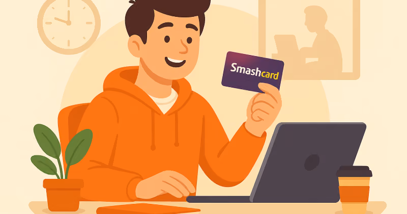 Ilustração de um jovem de moletom laranja à mesa com notebook, erguendo um cartão Smashcard roxo