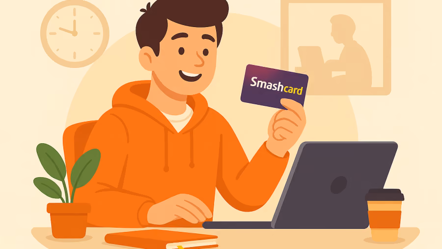 Ilustração de um jovem de moletom laranja à mesa com notebook, erguendo um cartão Smashcard roxo
