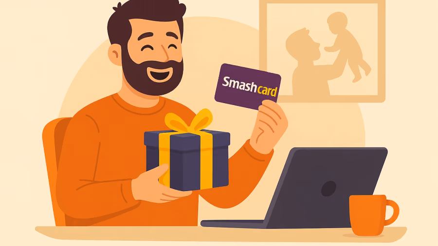 Ilustração de homem barbudo sorrindo à mesa com laptop, segurando caixa de presente e um cartão Smashcard, ao lado de foto de pai com filho