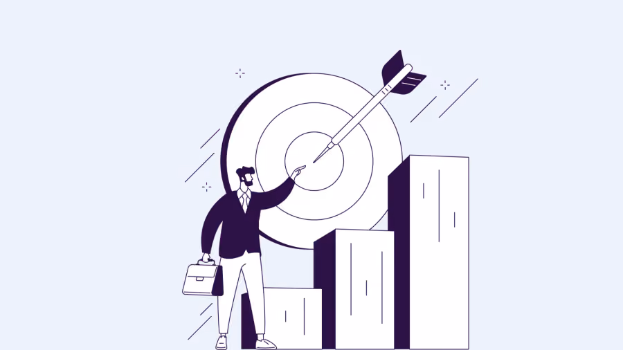 Ilustração de traço de executivo com maleta ao lado de um alvo com flecha no centro e das barras crescentes de um gráfico
