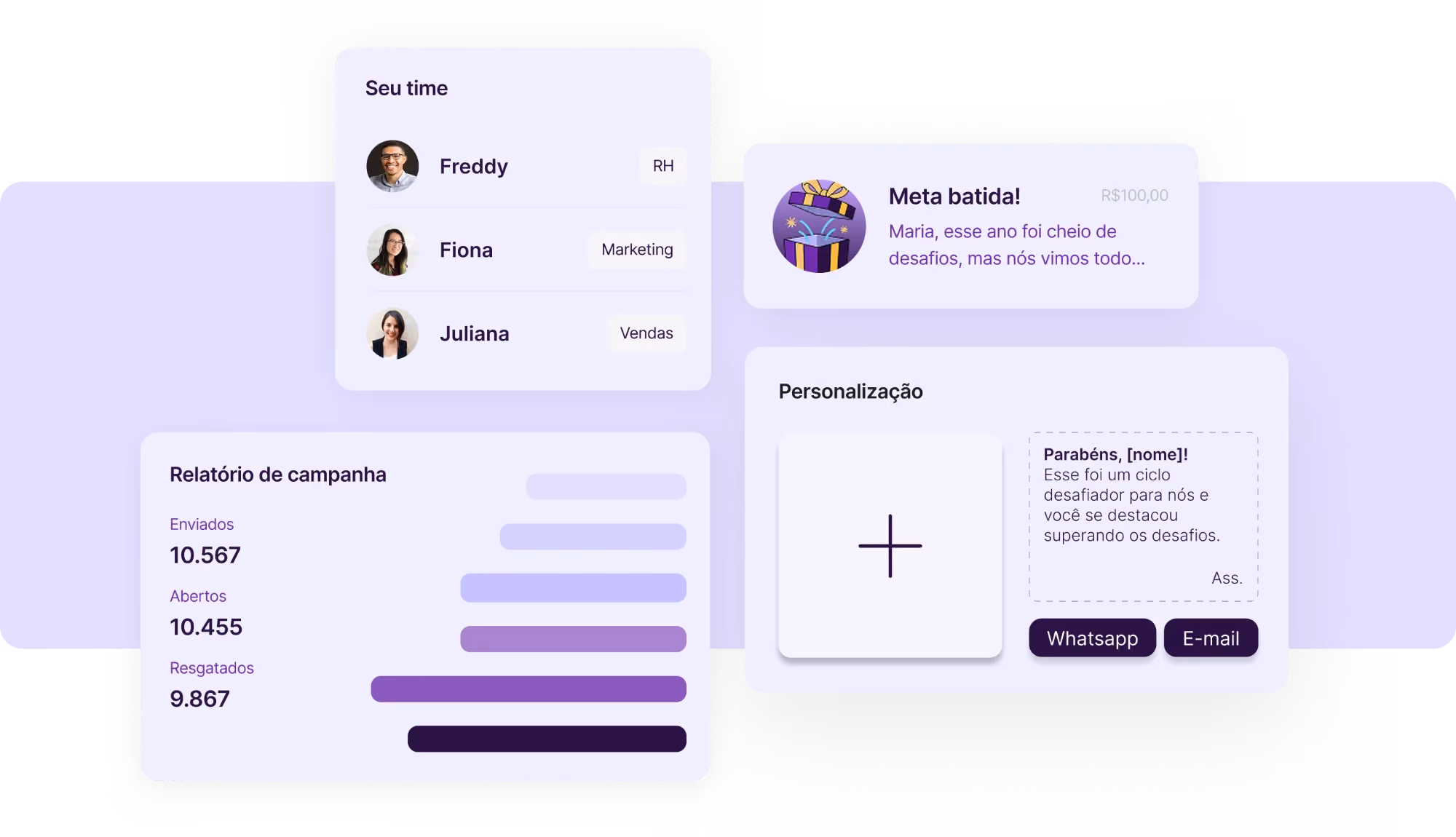 Painel da plataforma Smash com a lista do time — Freddy do RH, Fiona do Marketing e Juliana de Vendas —, o aviso de meta batida, o relatório da campanha com enviados, abertos e resgatados, e a área de personalização da mensagem