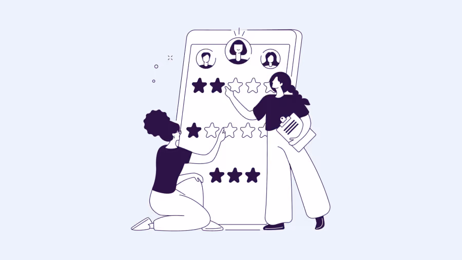 Ilustração de traço de duas pessoas avaliando com estrelas numa tela gigante de celular com fotos de perfil no topo