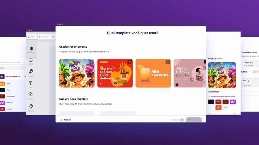 Captura de tela da plataforma Smash em fundo roxo, com o modal Qual template você quer usar e miniaturas de templates de campanha