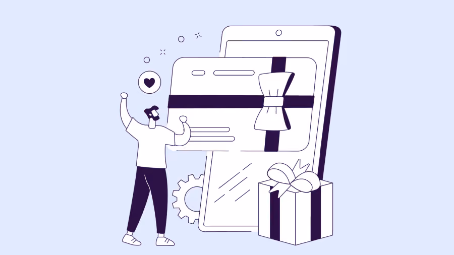 Ilustração de traço de pessoa diante de tela de celular com presente embrulhado, notificação de coração, engrenagem e caixa de presente ao lado