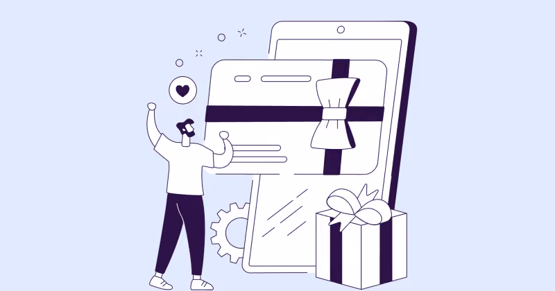 Ilustração de traço de pessoa diante de tela de celular com presente embrulhado, notificação de coração, engrenagem e caixa de presente ao lado